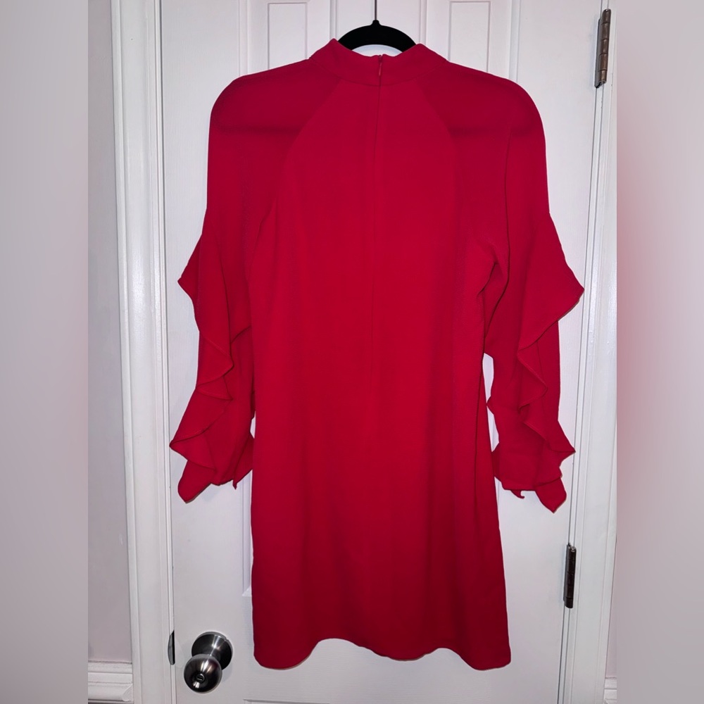 Maggy London Women's Petite Red Crepe Novelty Dress with Sleeve & Neck Shirring - Picture 8 of 15